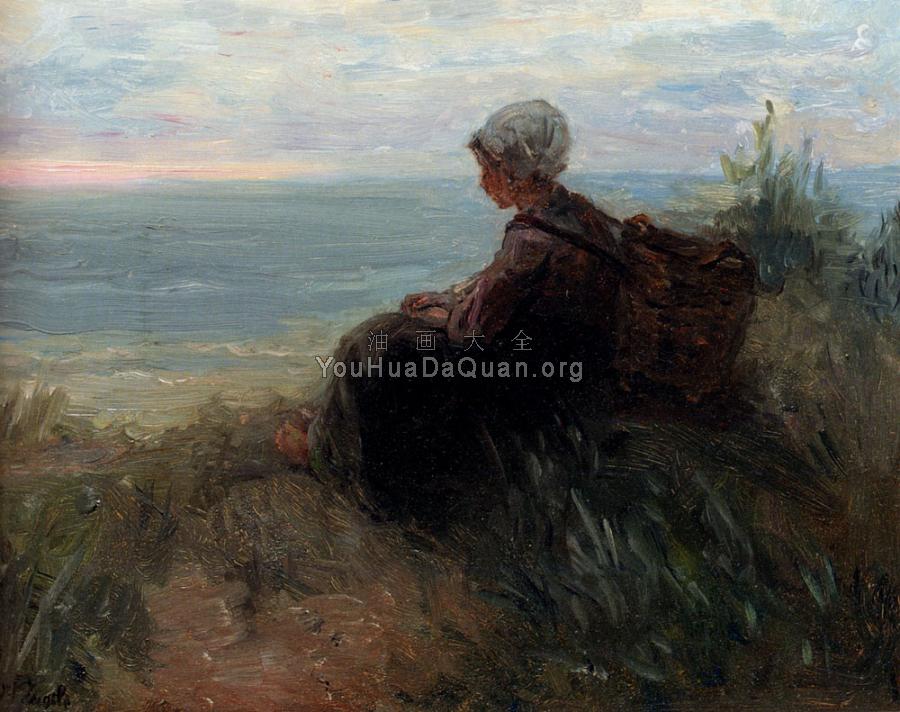 A Fishergirl On A Dunetop Overlooking The Sea - 约瑟夫·伊斯拉尔斯